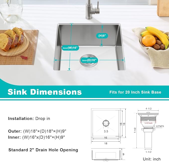 18 Inch Undermount Kitchen Sink Brushed, 18 Gauge T-304 Stainless Steel - Image 3