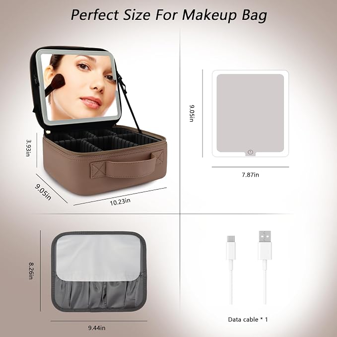 Travel Makeup Bag with LED Mirror Travel Makeup Organizer with 3 Lighted - Image 7