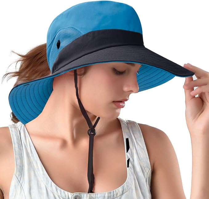 Rosoz Ponytail Sun Bucket Hats for Women UV Protection Foldable Mesh Wide Brim by Rosoz