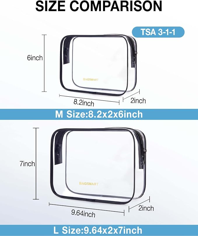 BAGSMART Clear Toiletry Bag, 2 Packs TSA Approved Water Resistant Quart Size - Image 2