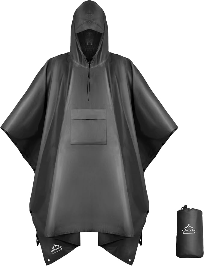 Coralrain Hooded Rain Poncho Lightweight Waterproof Unisex Raincoat Jacket by Coralrain