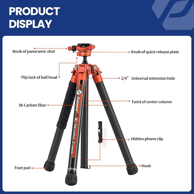 Fotopro Carbon Fiber Tripod 1.7lbs Ultralight 62 Inch Portable Compact Travel - Image 7