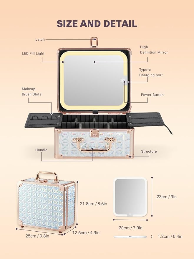 Qislee Makeup Box with A Detachable Lighted Mirror, Waterproof Travel Train Case - Image 3