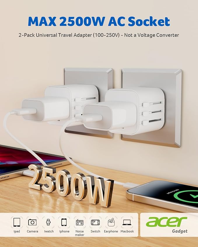 Acer US to Europe Plug Adapter, Universal Travel Adapter, International Power - Image 2