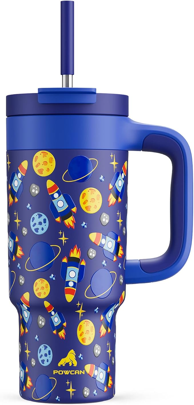 24 oz Stainless Steel Tumbler for Children: Durable Handle, Straw Gulp Lid by POWCAN