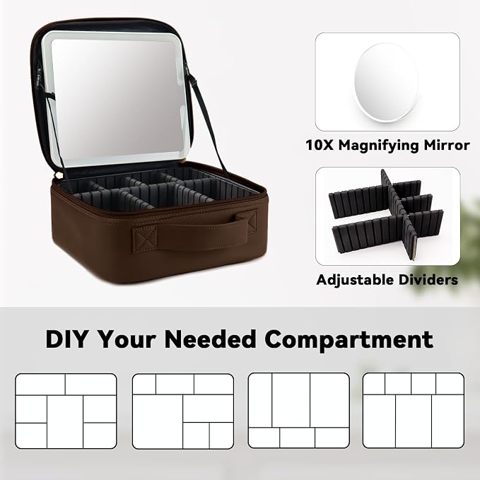 Travel Makeup Bag with LED Mirror and 10x magnifying glass with 3 Lighted - Image 4
