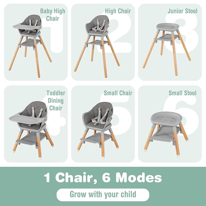 BABY JOY Baby High Chair, 6 in 1 Convertible Wooden Highchair - Image 2