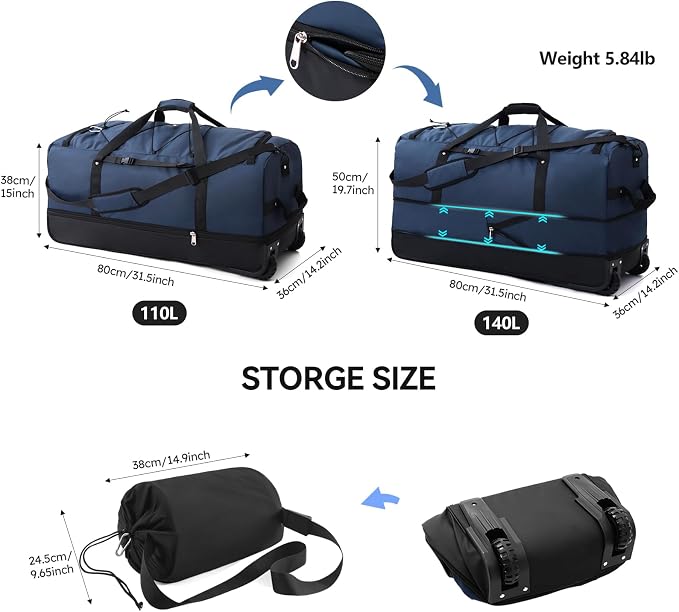 110L/140L Expandable Soft-Sided Foldable Duffle Bag - Image 3