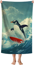 WZOMT Microfiber Penguin Beach Towel Oversized, Cute Penguin Surfing Ocean by WZOMT