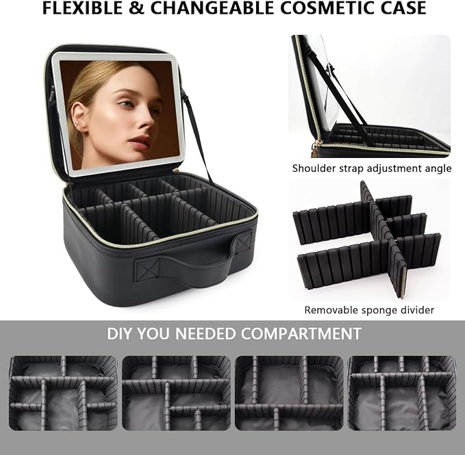 Travel Makeup Bag with LED Lighted Mirror, Travel Makeup Organizer, 3 Color - Image 2