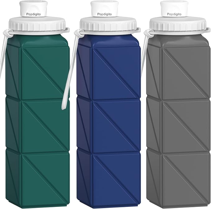 3 pack Collapsible Water Bottles, Silicone Foldable Portable Water Bottle 20.6oz by POPDIGITO