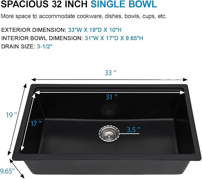 33 Inch Black Granite Composite Kitchen Sink Workstations Black Quartz - Image 5