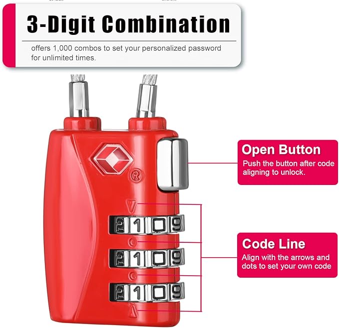 ZHEGE TSA Locks for Luggage 3 Digit Cable Padlock - Image 3