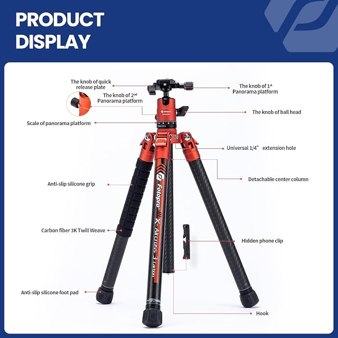 Fotopro Carbon Fiber Tripod for Camera 2lbs Ultralight 62 Inch Travel Camera - Image 7