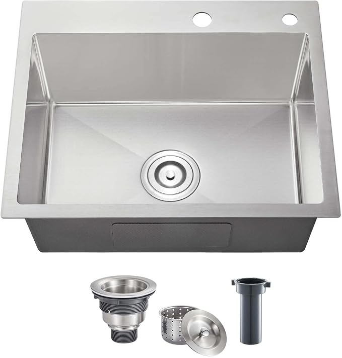 POPFLY 24×18 Inch Drop in Kitchen Sink, Topmount Handmade Single Bowl 18 Gauge by POPFLY