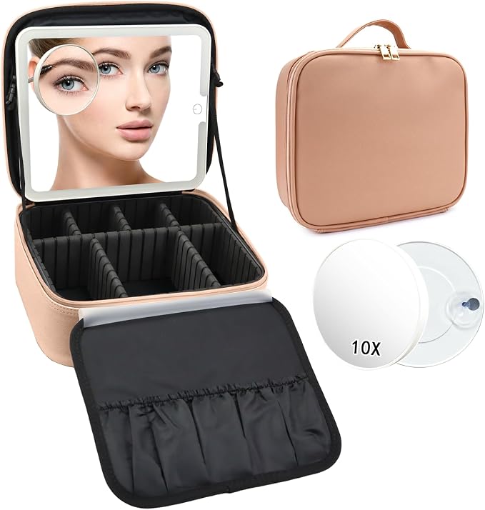 Travel Makeup Bag with LED Mirror and 10x magnifying glass with 3 Lighted by Unknown