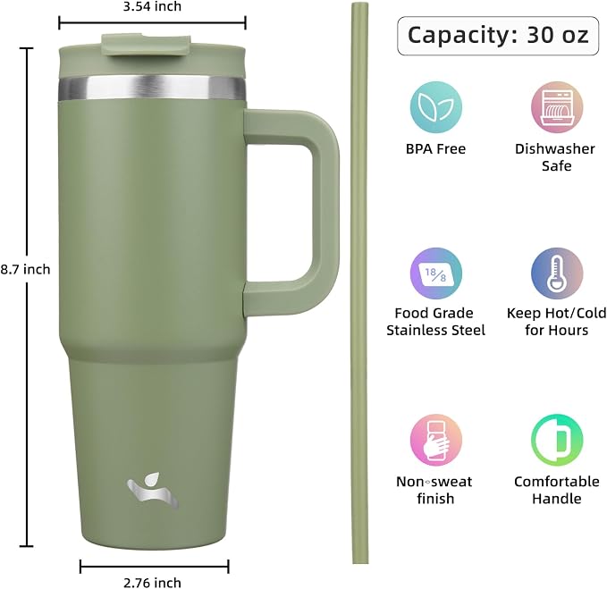 30 oz Tumbler with Handle and 2 Straws, 2 in 1 Lid Insulated Water Bottle - Image 4