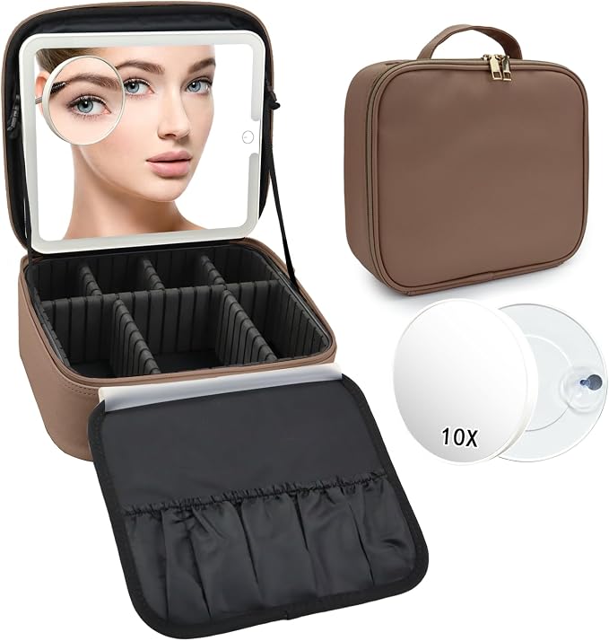 Travel Makeup Bag with LED Mirror and 10x magnifying glass with 3 Lighted by Unknown