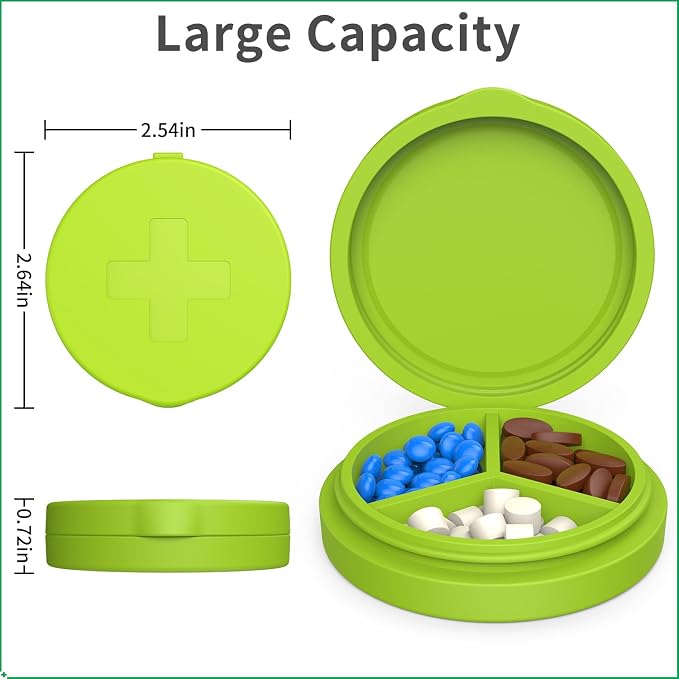 2 Pack Small Pill Box, 3 Compartment Round Silicone Travel Pill Box - Image 2