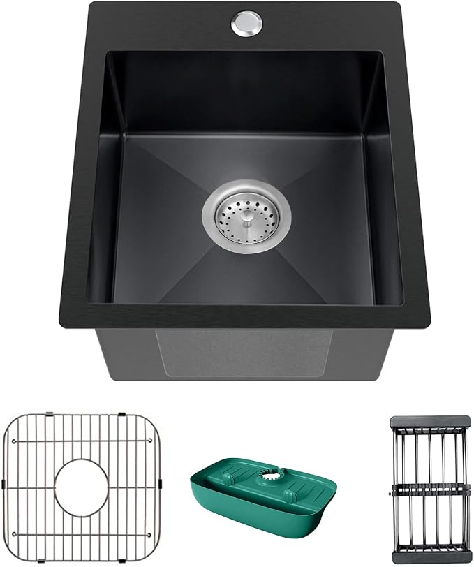 Black Kitchen Sink, Stainless Steel Drop In 15x17x9 Inch Single Bowl Topmount by Koardink