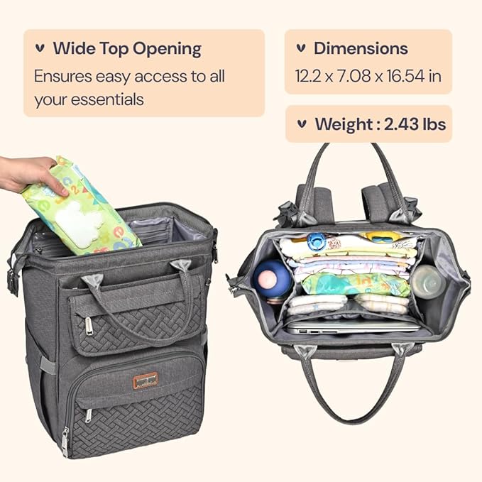BabbleRoo Diaper Bag Backpack, Unisex Stylish Travel Back Pack Nappy Changing - Image 3
