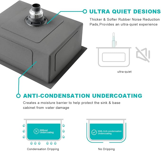 24x18 Inch Undermount Kitchen Sink Nano Black, 18 Gauge Stainless Steel Single - Image 6