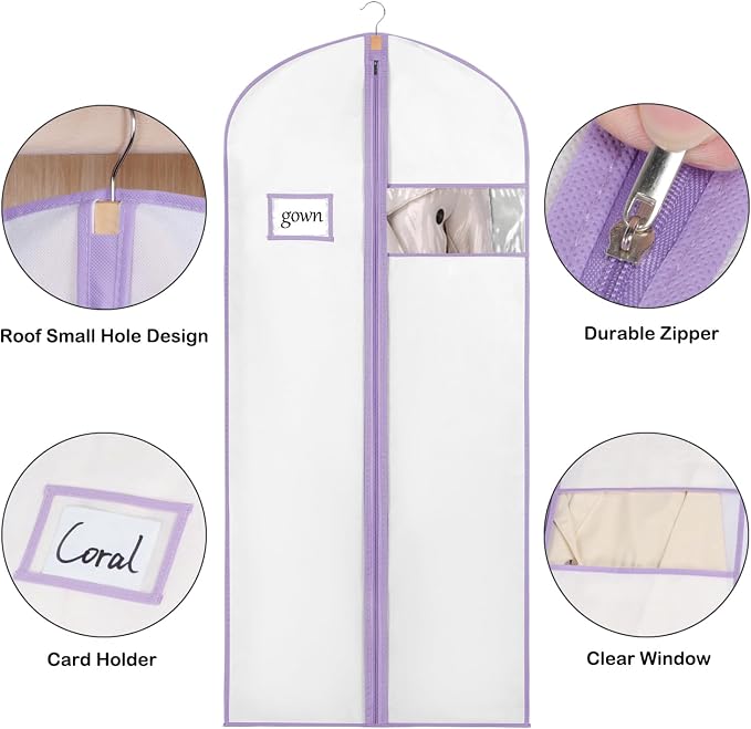 Syeeiex 60'' Garment Bags for Hanging Clothes, Dress Garment Bags for Gowns - Image 5