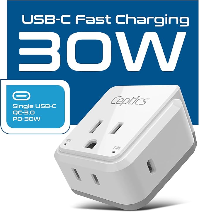 Ceptics World Travel Plug Adapter Set, Safe USB-C 3.0-2 USA Socket, 30W PD & QC - Image 2