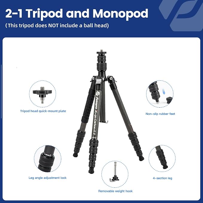 Fotopro 59” Carbon Fiber Travel Tripod, 2 in 1 Lightweight Monopod Tripods - Image 5