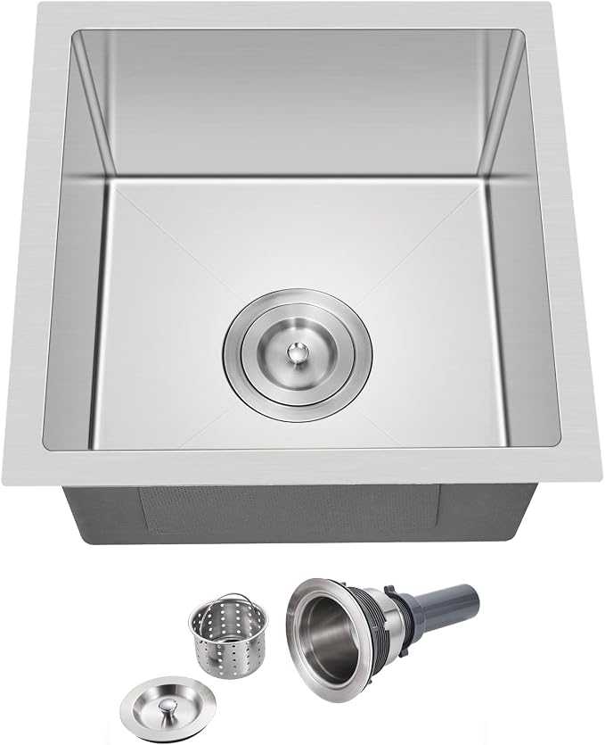 15 x 15 Inch Undermount Kitchen Sink, T-304 Stainless Steel Handmade Single by DROPINKITCHENSINK
