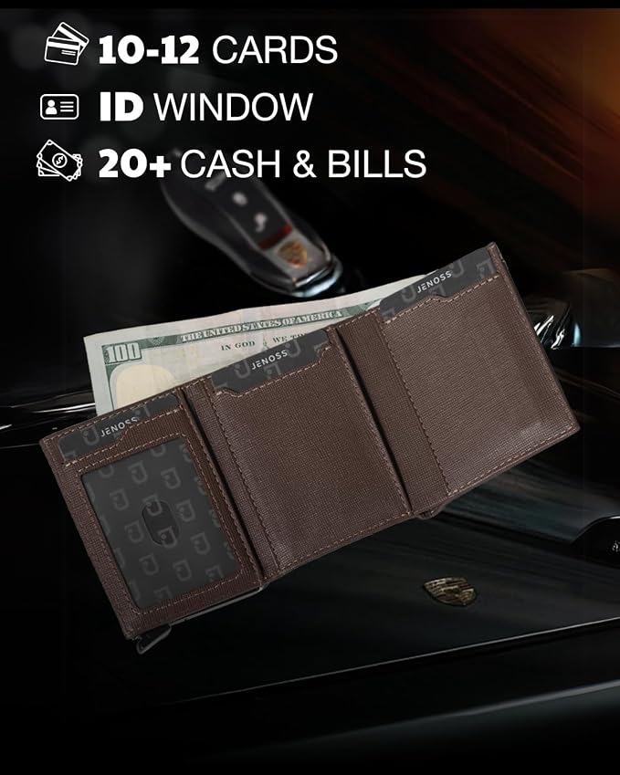 Jenoss Smart Wallet For Men: Full Grain Leather, Handcrafted, Slide Metal Pop - Image 6