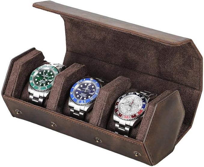 Genuine Leather Watch Roll Travel Case, Vintage Full Grain Leather Hexagon by UPRESYE