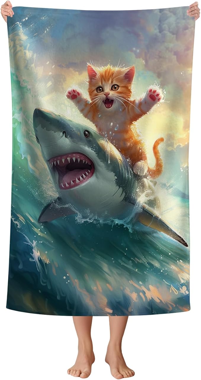 WZOMT Cute Cat Beach Towel, Microfiber Shark Beach Towel, Funny Cat Ride Shark by WZOMT
