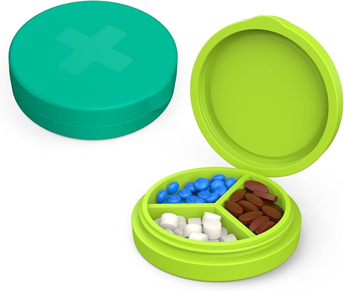 2 Pack Small Pill Box, 3 Compartment Round Silicone Travel Pill Box by Unknown