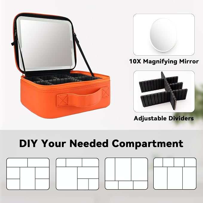 Travel Makeup Bag with LED Mirror and 10x magnifying glass with 3 Lighted - Image 4
