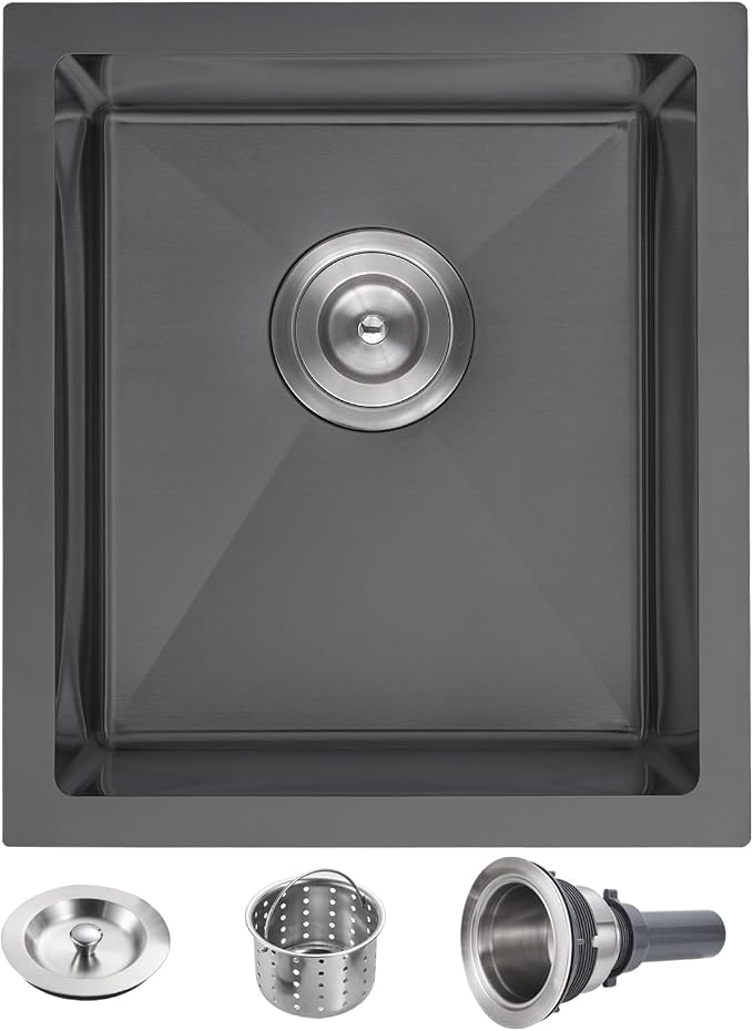 POPFLY 15×17 Inch Black Bar Sink, 304 Stainless Steel Single Bowl 8 Inch Deep by POPFLY