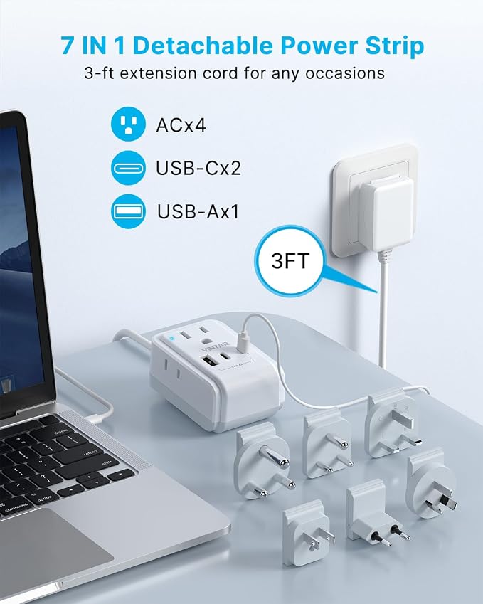 VINTAR Universal Travel Adapter Kit, 3ft Detachable Extension Cord - Image 4