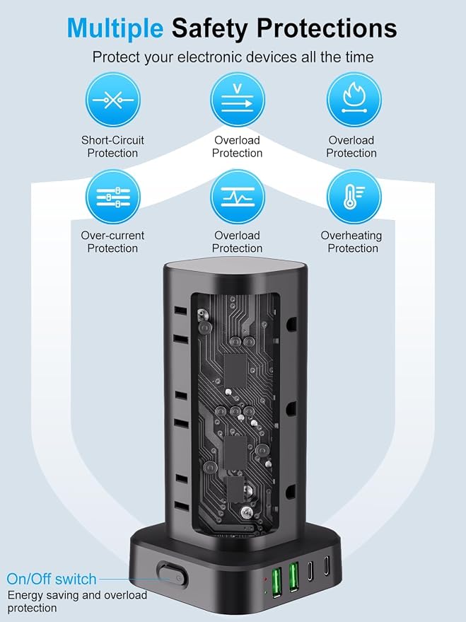Power Strip Tower with Wireless Charger, Flat Plug Surge Protector Tower with - Image 8