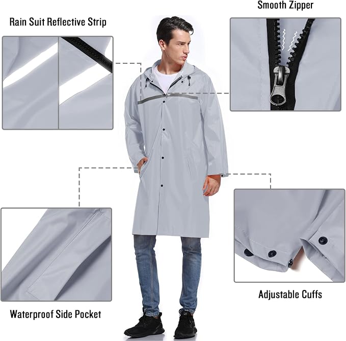 Mens Long Hooded Safety Rain Jacket Waterproof Emergency Raincoat Poncho - Image 3