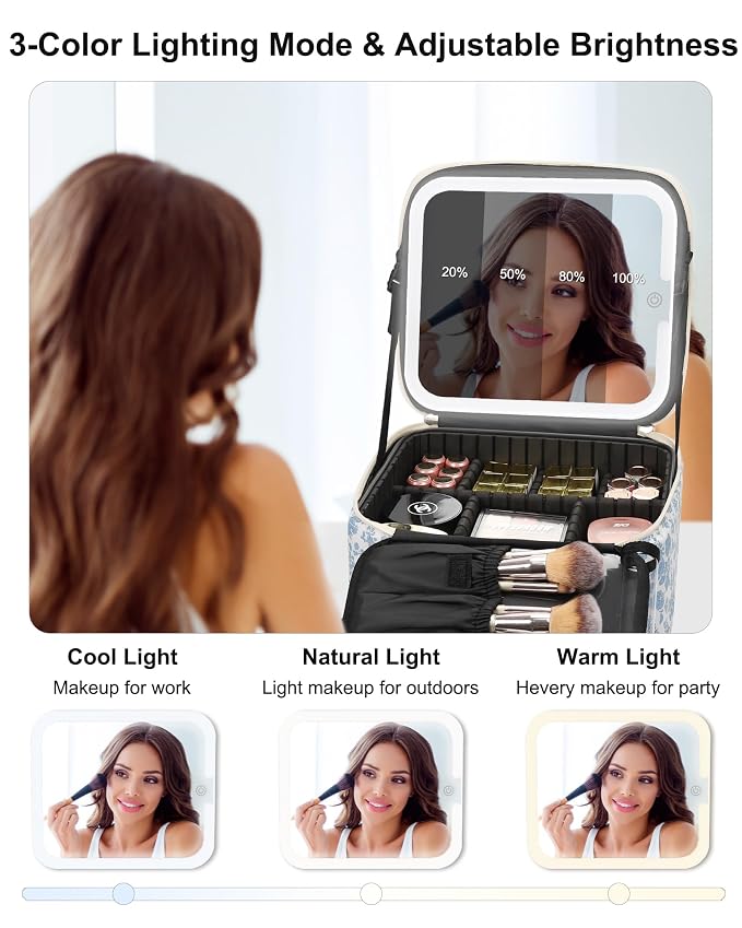 Relavel Travel Makeup Bag with LED Mirror, Portable Cosmetic Train Case with 3 - Image 4