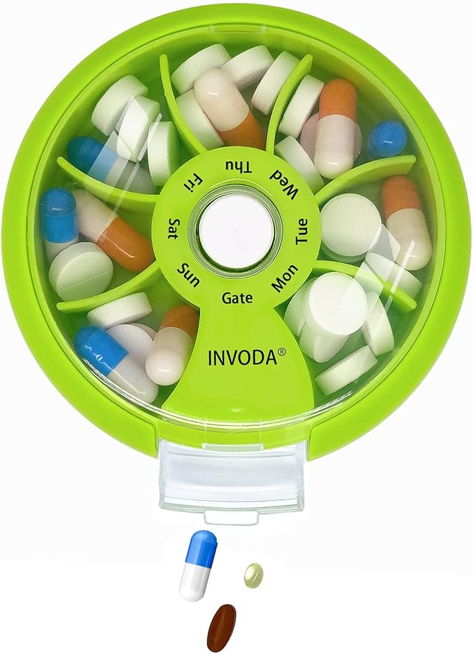 INVODA Weekly Pill Organizer 7 Compartment Rotating Pill Box - Image 2