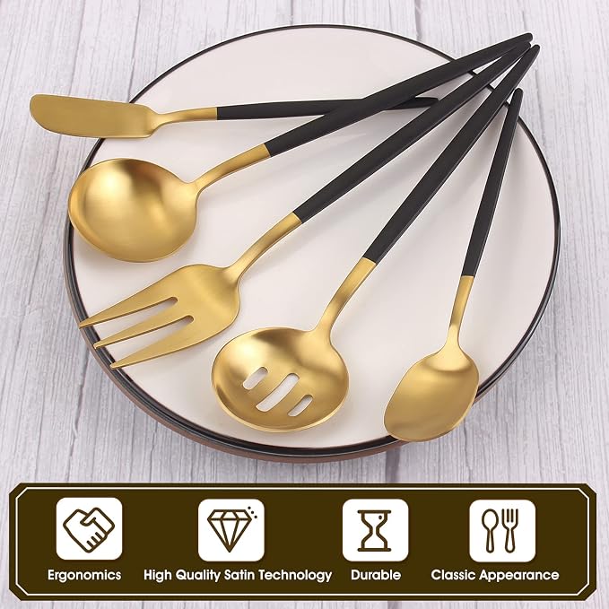 Matte Black Gold Serving Silverware Set, 5-Piece Round Shared Utensils Set of - Image 3