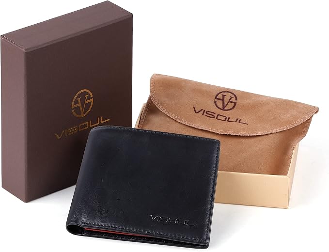 VISOUL Mens Bifold Wallet with 2 ID Windows and 2 Money Compartments, Genuine - Image 7