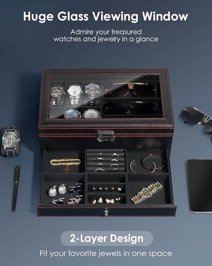 Watch Jewelry Box Organizer, 6-Slot 2-Layer Watch Case and Sunglasses Storage - Image 2