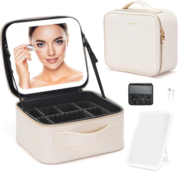 Travel Makeup Bag with LED Mirror – Waterproof Cosmetic Train Case with by ZhenGuiRu