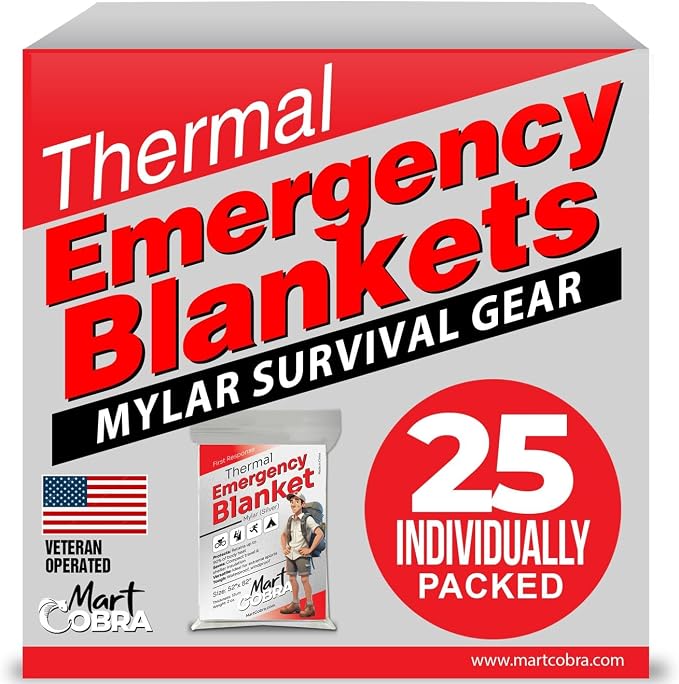 Mart Cobra Emergency Blanket 25-Pack Space Mylar Blankets Survival Gear and by MartCobra