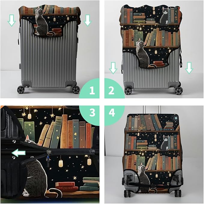 Luggage Cover Suitcase Protector Plus 1 Luggage Tag, Cat Library Travel - Image 7