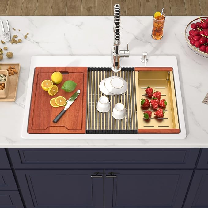 33 Inch Double Bowl White Kitchen Sinks 33x22 Granite Composite Dorp In 60/40 - Image 2