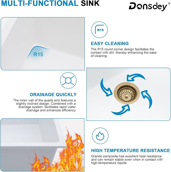 33 Inch Quartz Drop In White Kitchen Sink-Donsdey Double Bowl Topmount Granite - Image 7