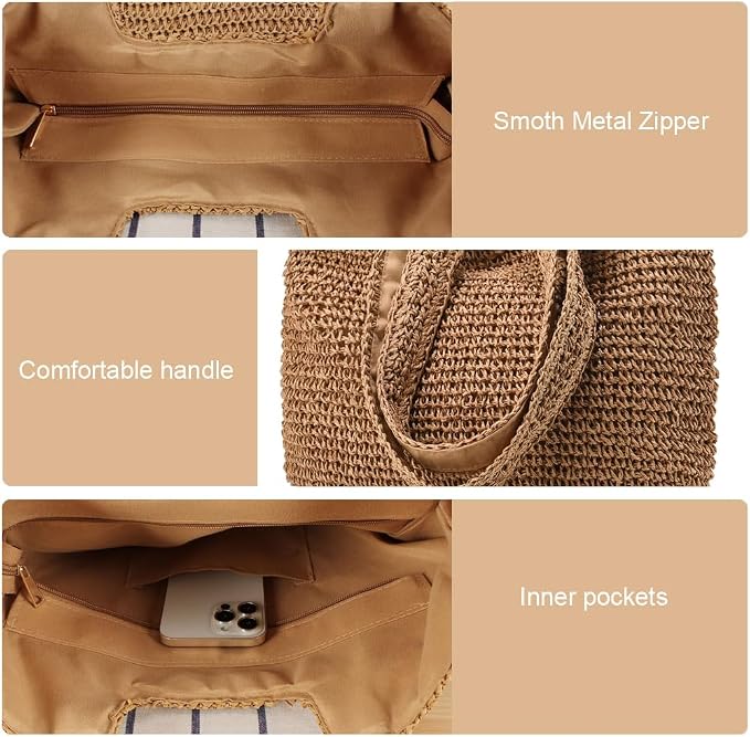 Straw Beach Bags for Women Woven Beach Tote Bag Casual Boho Large Shoulder - Image 6